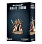 Black box for a Primaris Librarian miniature, with front and side views of a blue-armored figure wearing cream and red robes and holding a turquoise sword. The front reads “SPACE MARINES” and “PRIMARIS LIBRARIAN.”