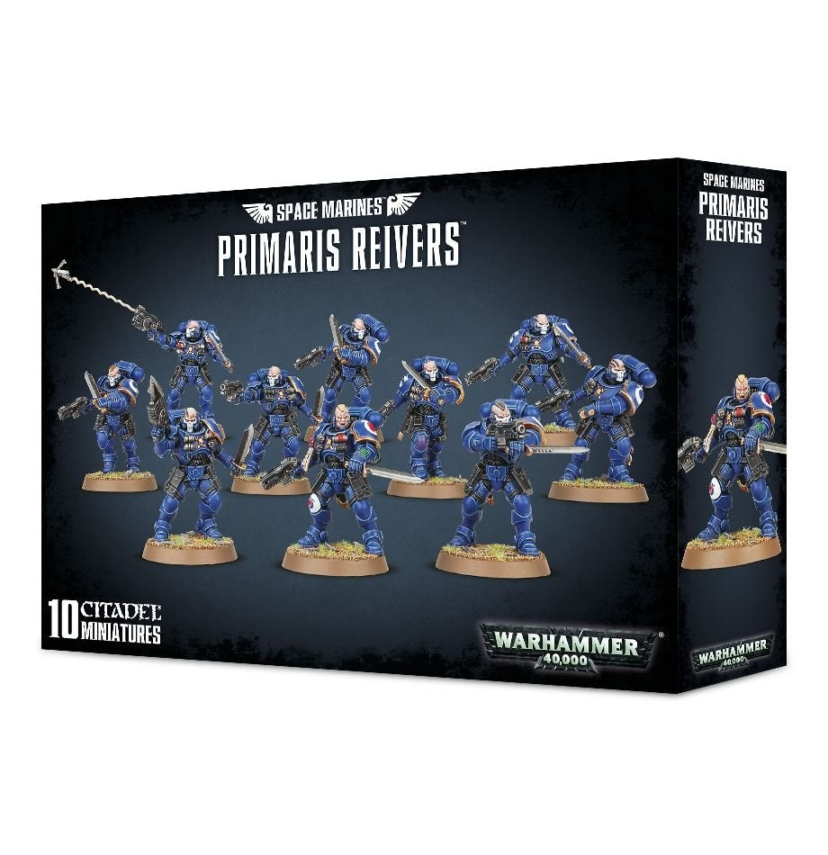 Black box for a Space Marines miniature squad, shown from the front and right side, with ten blue-armored figures carrying weapons on round bases. The front reads “PRIMARIS REIVERS” and “WARHAMMER 40,000.”