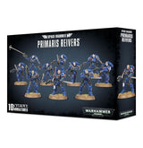 Black box for a Space Marines miniature squad, shown from the front and right side, with ten blue-armored figures carrying weapons on round bases. The front reads “PRIMARIS REIVERS” and “WARHAMMER 40,000.”