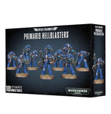 Black box for Primaris Hellblasters, showing a squad of blue-armored Space Marine miniatures with guns on round bases across the front and one miniature on the side. The box reads “PRIMARIS HELLBLASTERS” and “10 CITADEL MINIATURES.”
