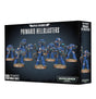 Black box for Primaris Hellblasters, showing a squad of blue-armored Space Marine miniatures with guns on round bases across the front and one miniature on the side. The box reads “PRIMARIS HELLBLASTERS” and “10 CITADEL MINIATURES.”