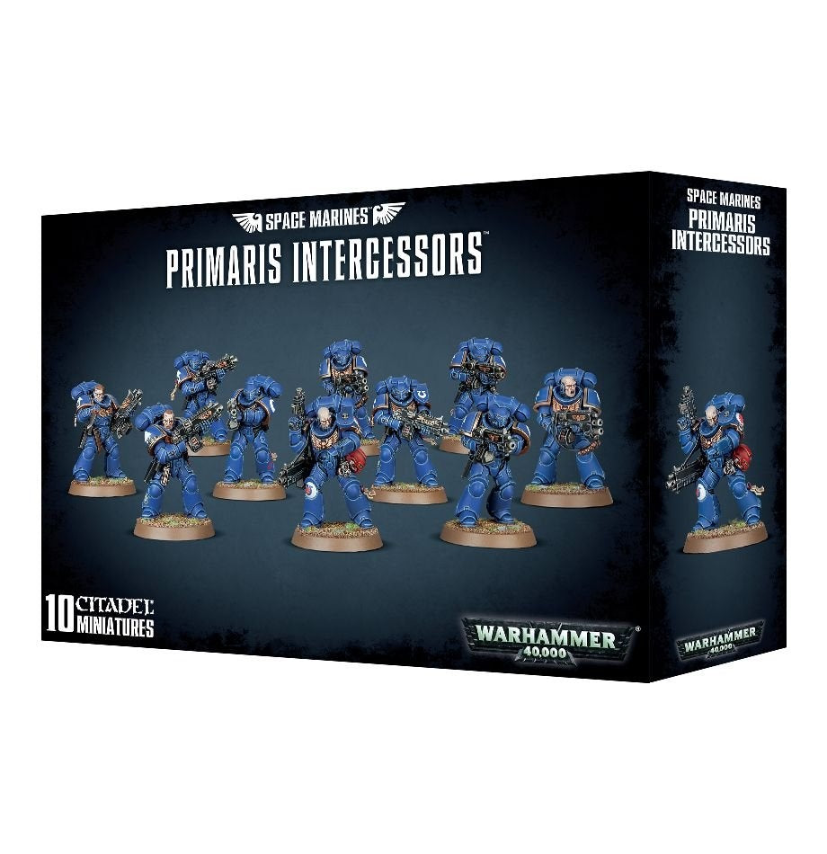 Black box for Space Marines: Primaris Intercessors, with ten blue-armored miniature soldiers carrying rifles pictured across the front and one soldier repeated on the narrow side. The box reads “PRIMARIS INTERCESSORS” and “10 CITADEL MINIATURES.”