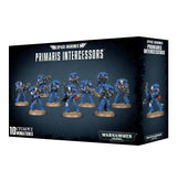 Black box for Space Marines: Primaris Intercessors, with ten blue-armored miniature soldiers carrying rifles pictured across the front and one soldier repeated on the narrow side. The box reads “PRIMARIS INTERCESSORS” and “10 CITADEL MINIATURES.”