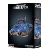 Black box for a Space Marines Primaris Repulsor miniature, showing a blue armored, weapon-covered vehicle with a red-armored figure on top. The narrow side repeats the vehicle artwork; the front reads “SPACE MARINES PRIMARIS REPULSOR” and “1 CITADEL MINIATURE.”