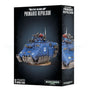 Black box for a Space Marines Primaris Repulsor miniature, showing a blue armored, weapon-covered vehicle with a red-armored figure on top. The narrow side repeats the vehicle artwork; the front reads “SPACE MARINES PRIMARIS REPULSOR” and “1 CITADEL MINIATURE.”