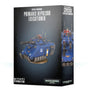 Black box for a Space Marines miniature kit, illustrated with a blue, heavily armed armored vehicle and small red-armored figures; the front and right side show different views of the vehicle. The front reads “SPACE MARINES PRIMARIS REPULSOR EXECUTIONER” and “WARHAMMER 40,000.”
