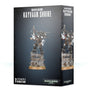 Dark gray Games Workshop box showing a black-armored miniature with white accents, raised weapon and a sculpted stone base on the front and side panels. The front reads “RAVEN GUARD KAYVAAN SHRIKE” and “WARHAMMER 40,000.”