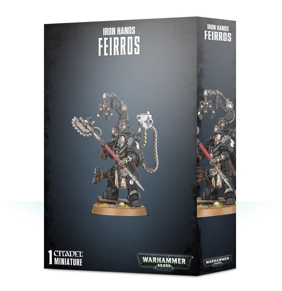Dark gray Iron Father Feirros miniature box shown from the front and right side, with matching artwork of an armored figure holding a red-handled weapon and mechanical arms above a round base. The front reads “IRON HANDS FEIRROS” and “1 CITADEL MINIATURE.”