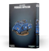 Box for a Space Marines: Primaris Impulsor miniature, showing a blue, white-marked tracked armored vehicle with roof weapons on a round base. The front reads “SPACE MARINES” and “PRIMARIS IMPULSOR”; a narrow side panel shows another view.