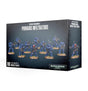 Box for Space Marines: Primaris Infiltrators, shown from the front and right side, with blue armored miniature soldiers carrying rifles across the dark gray front. The box reads “SPACE MARINES PRIMARIS INFILTRATORS” and “10 CITADEL MINIATURES.”