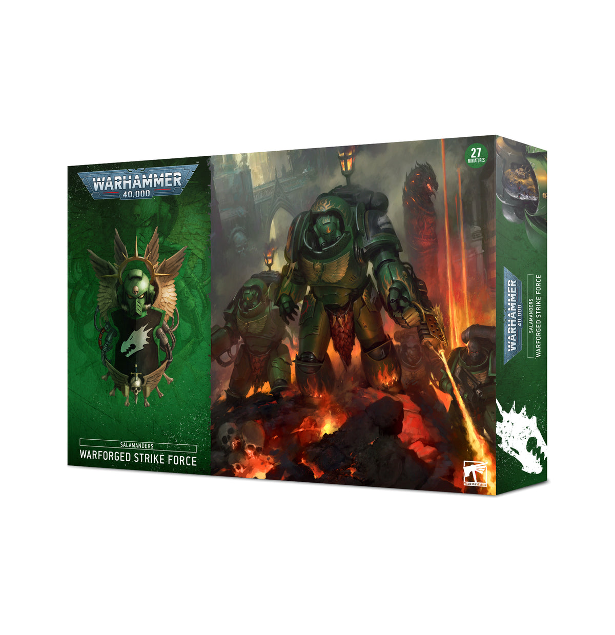 A boxed Warhammer 40,000 miniature set shown at an angle, with green-armored Space Marines advancing through a fiery battlefield and a green Salamanders emblem panel. The box reads “WARHAMMER 40,000” and “SALAMANDERS WARFORGED STRIKE FORCE.”