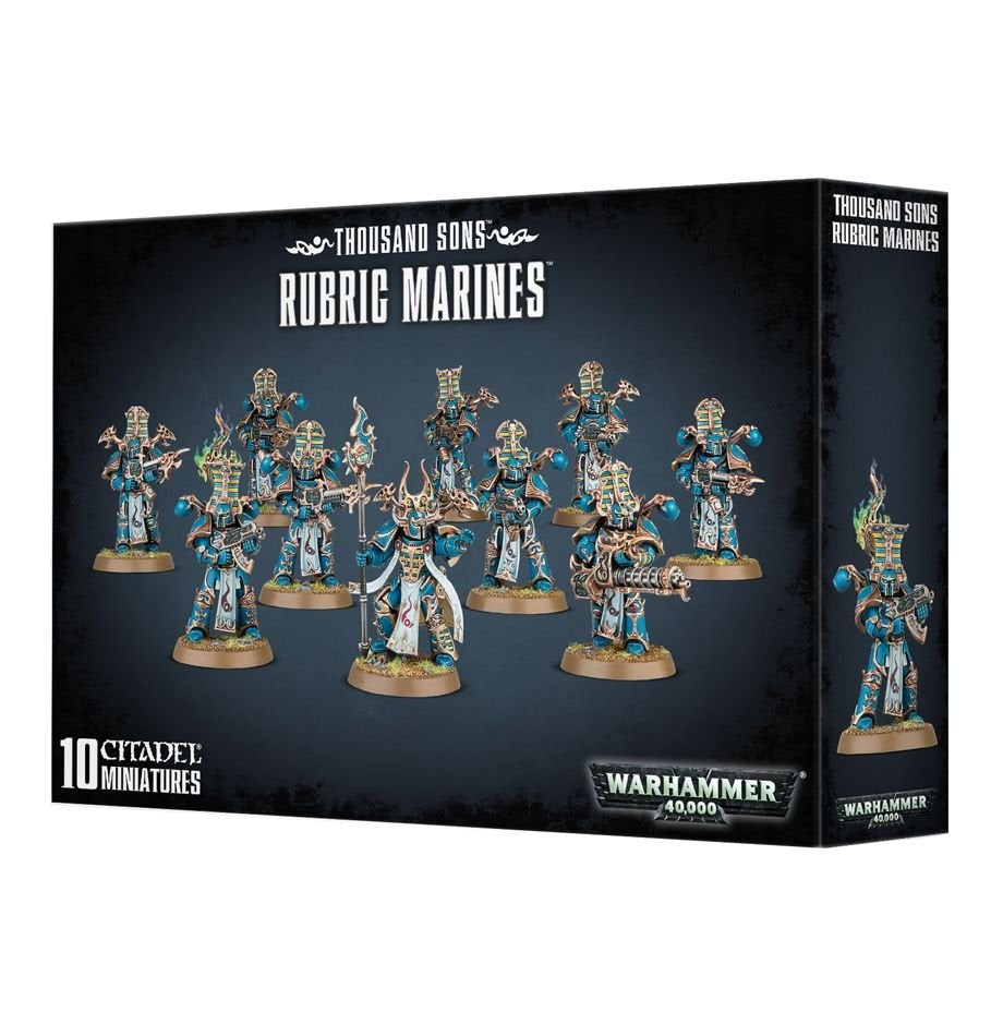 Black box showing a group of ornate blue and gold armored Rubric Marines holding weapons on the front, with one miniature pictured on the right side. The box reads “THOUSAND SONS RUBRIC MARINES” and “10 CITADEL MINIATURES.”