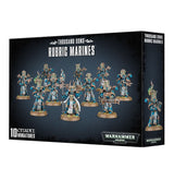Black box showing a group of ornate blue and gold armored Rubric Marines holding weapons on the front, with one miniature pictured on the right side. The box reads “THOUSAND SONS RUBRIC MARINES” and “10 CITADEL MINIATURES.”