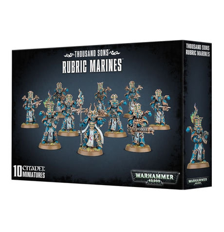 Black box showing a group of ornate blue and gold armored Rubric Marines holding weapons on the front, with one miniature pictured on the right side. The box reads “THOUSAND SONS RUBRIC MARINES” and “10 CITADEL MINIATURES.”