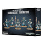 Black game box shown from the front and right side, illustrated with five blue-and-gold armored Scarab Occult Terminator miniatures on round bases. The front reads “THOUSAND SONS” and “SCARAB OCCULT TERMINATORS,” with “WARHAMMER 40,000” branding.