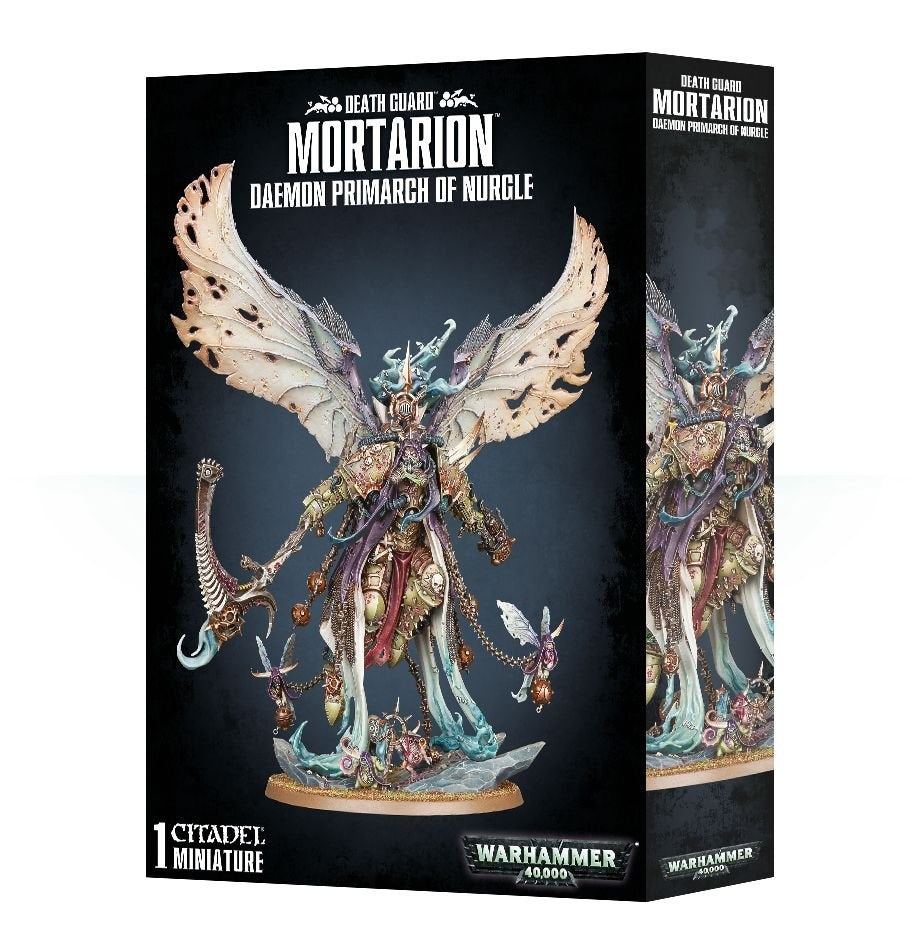 Black Death Guard: Mortarion, Daemon Primarch of Nurgle miniature box, shown from the front and right side. The artwork depicts a winged, heavily armored figure with pale ragged wings, chains and a blue-green base; the front reads “MORTARION” and “DAEMON PRIMARCH OF NURGLE.”
