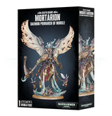 Black Death Guard: Mortarion, Daemon Primarch of Nurgle miniature box, shown from the front and right side. The artwork depicts a winged, heavily armored figure with pale ragged wings, chains and a blue-green base; the front reads “MORTARION” and “DAEMON PRIMARCH OF NURGLE.”