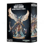 Black Death Guard: Mortarion, Daemon Primarch of Nurgle miniature box, shown from the front and right side. The artwork depicts a winged, heavily armored figure with pale ragged wings, chains and a blue-green base; the front reads “MORTARION” and “DAEMON PRIMARCH OF NURGLE.”
