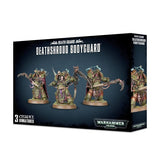Box for Death Guard: Deathshroud Bodyguard miniatures, showing three bulky green-armored figures with rust-colored details and oversized curved scythes on the front, with one figure repeated on the side. The box reads “DEATH GUARD,” “DEATHSHROUD BODYGUARD,” and “3 CITADEL MINIATURES.”