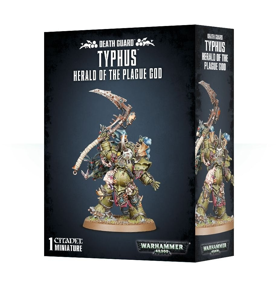 Black Games Workshop box showing a heavily armored green Death Guard warrior holding a tall curved, spiked blade, pictured on the front and side panels. The front reads “DEATH GUARD,” “TYPHUS,” and “HERALD OF THE PLAGUE GOD.”