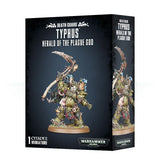 Black Games Workshop box showing a heavily armored green Death Guard warrior holding a tall curved, spiked blade, pictured on the front and side panels. The front reads “DEATH GUARD,” “TYPHUS,” and “HERALD OF THE PLAGUE GOD.”