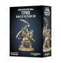 Black Games Workshop box showing a heavily armored green Death Guard warrior holding a tall curved, spiked blade, pictured on the front and side panels. The front reads “DEATH GUARD,” “TYPHUS,” and “HERALD OF THE PLAGUE GOD.”