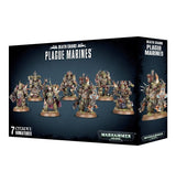Dark navy box showing seven heavily armored, weathered green and rust-colored figures with varied weapons on round bases; the front and right side display the miniatures. Text reads “DEATH GUARD,” “PLAGUE MARINES” and “7 CITADEL MINIATURES.”