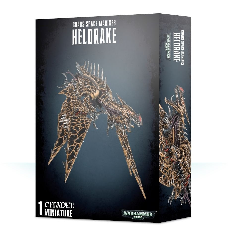 Upright Chaos Space Marines: Heldrake miniature box, shown from the front and right side. The dark box features a spined, mechanical dragon with bronze skeletal wings; front text reads “CHAOS SPACE MARINES HELDRAKE” and “1 CITADEL MINIATURE.”
