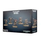 Dark gray Chaos Space Marines: Havocs box shown from the front and right side, with five armored miniature figures carrying heavy weapons on the front. The box reads “CHAOS SPACE MARINES HAVOCS,” “5 CITADEL MINIATURES,” and “WARHAMMER 40,000.”