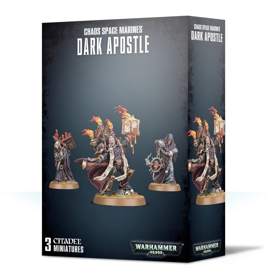 Dark gray box shown from the front and right side, illustrated with three armored, hooded miniatures on round bases, including a central figure holding a flaming book. Front text reads “CHAOS SPACE MARINES,” “DARK APOSTLE” and “3 CITADEL MINIATURES.”