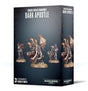 Dark gray box shown from the front and right side, illustrated with three armored, hooded miniatures on round bases, including a central figure holding a flaming book. Front text reads “CHAOS SPACE MARINES,” “DARK APOSTLE” and “3 CITADEL MINIATURES.”