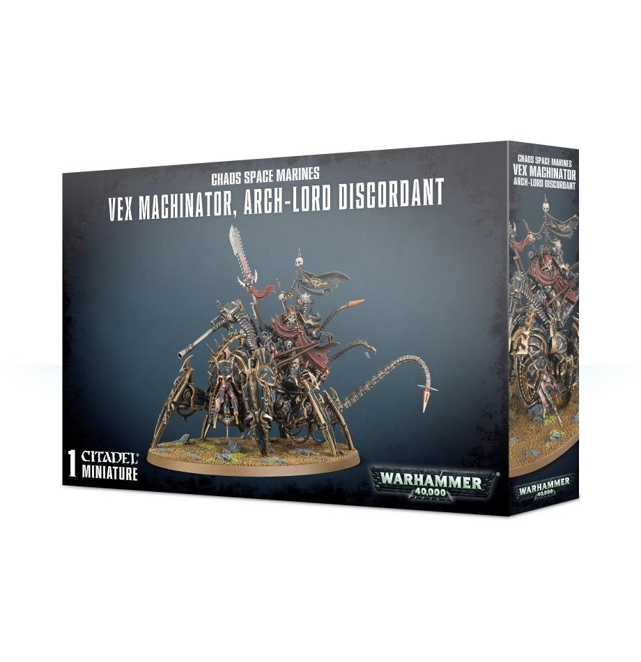 Dark gray box for a Chaos Space Marines miniature, showing an armored figure mounted on a many-legged mechanical beast with blades, cables and a curved tail. The front reads “VEX MACHINATOR, ARCH-LORD DISCORDANT” and “WARHAMMER 40,000”; the right side repeats the artwork.