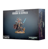 Dark gray Warhammer miniature box shown from the front and right side, with a detailed armored figure holding a bright blue sword pictured on the front. The box reads “CHAOS SPACE MARINES” and “ABADDON THE DESPOILER,” with Warhammer logos near the bottom and on the side.