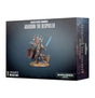 Dark gray Warhammer miniature box shown from the front and right side, with a detailed armored figure holding a bright blue sword pictured on the front. The box reads “CHAOS SPACE MARINES” and “ABADDON THE DESPOILER,” with Warhammer logos near the bottom and on the side.