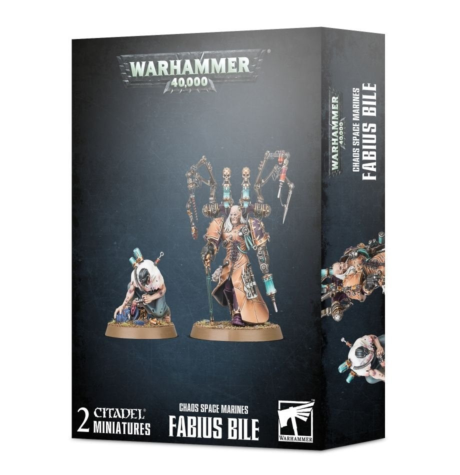 Dark charcoal Warhammer 40,000 miniatures box showing a tall, pale-faced figure in tan armor with mechanical arms and a smaller crouching figure in white; side panel repeats the character artwork. Text reads “WARHAMMER 40,000,” “2 CITADEL MINIATURES” and “FABIUS BILE.”