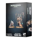 Dark charcoal Warhammer 40,000 miniatures box showing a tall, pale-faced figure in tan armor with mechanical arms and a smaller crouching figure in white; side panel repeats the character artwork. Text reads “WARHAMMER 40,000,” “2 CITADEL MINIATURES” and “FABIUS BILE.”