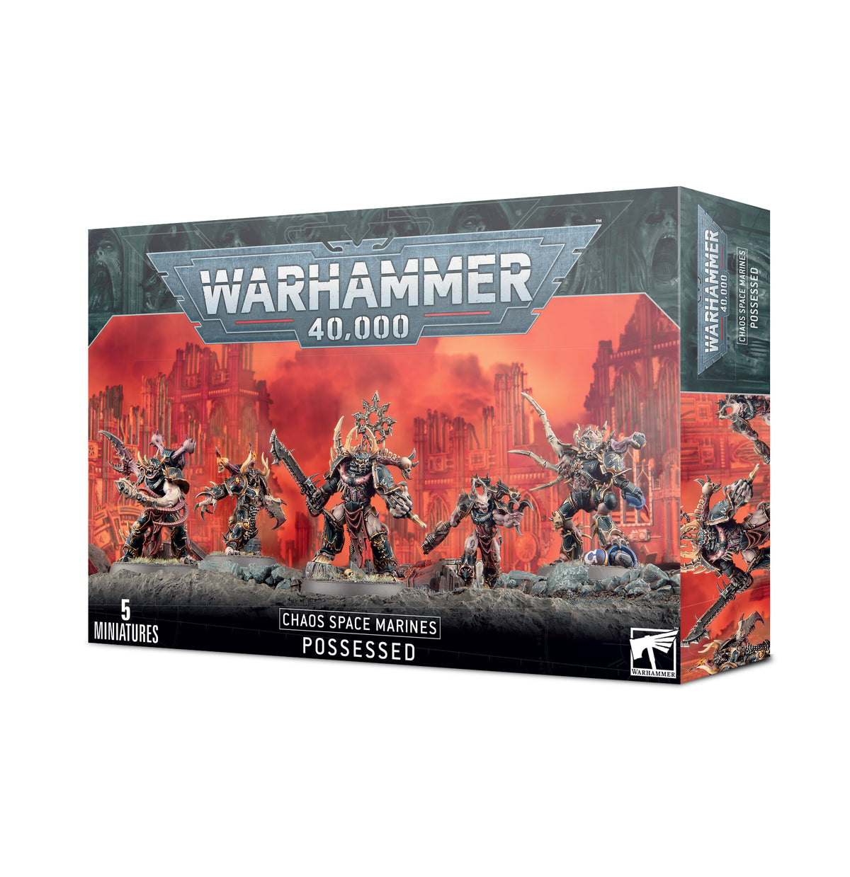 Warhammer 40,000 Chaos Space Marines: Possessed miniature box, shown from the front and right side. The dark box features five armored figures against a fiery red battlefield, with the text “WARHAMMER 40,000,” “CHAOS SPACE MARINES,” “POSSESSED” and “5 MINIATURES.”