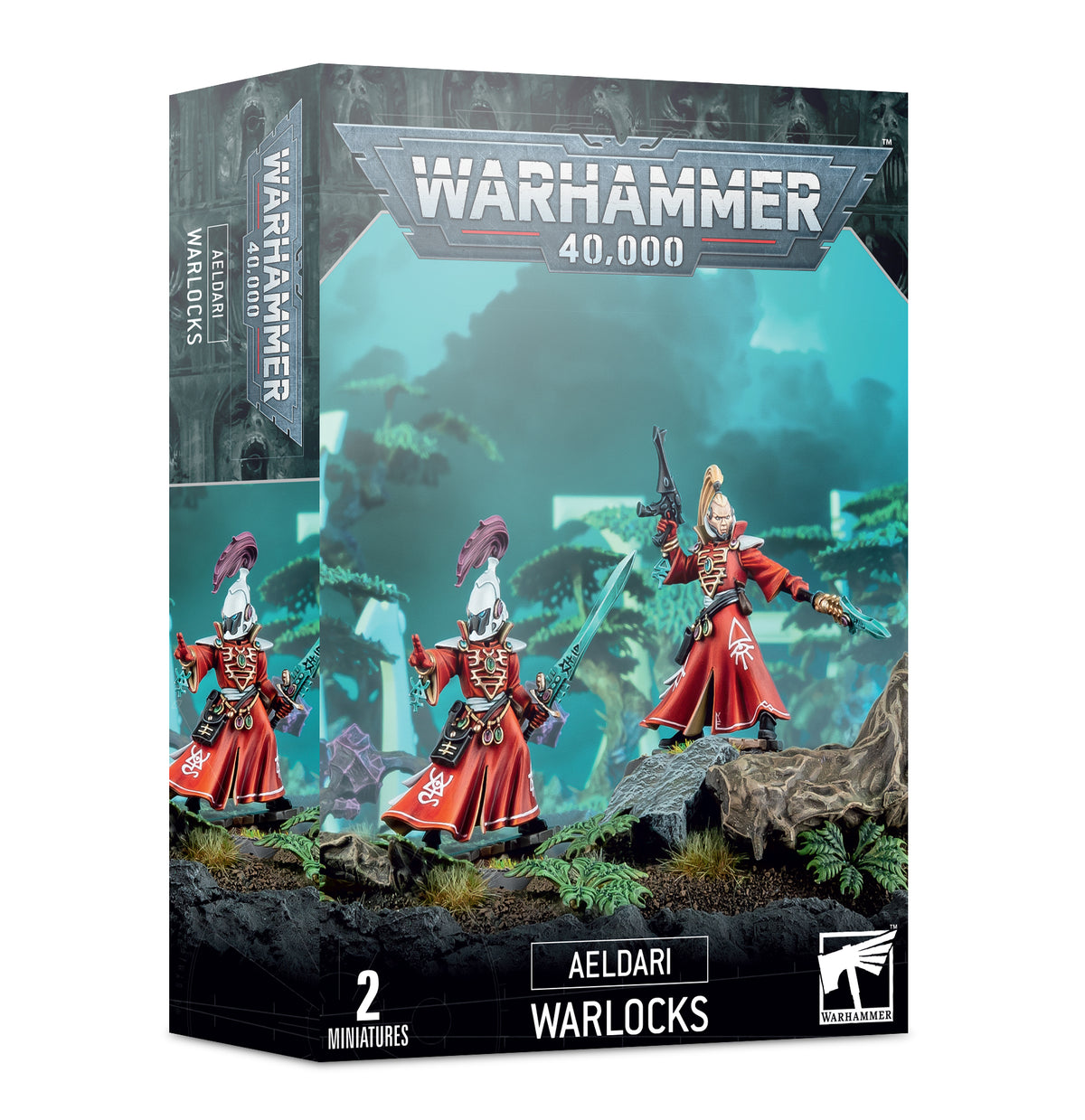 Box for Aeldari Warlocks miniatures, showing two figures in ornate red robes with pale helmets and long weapons against a blue-green landscape. The front reads “WARHAMMER 40,000,” “AELDARI WARLOCKS” and “2 MINIATURES”; the side repeats the artwork.