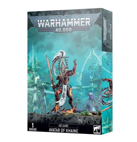 Box for the Aeldari Avatar of Khaine miniature, shown at an angle with front and side panels visible. The turquoise artwork shows an armored figure with a long white plume, raised sword and orange flames; the box reads “WARHAMMER 40,000” and “AVATAR OF KHAINE.”