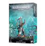 Box for the Aeldari Avatar of Khaine miniature, shown at an angle with front and side panels visible. The turquoise artwork shows an armored figure with a long white plume, raised sword and orange flames; the box reads “WARHAMMER 40,000” and “AVATAR OF KHAINE.”