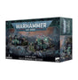 Angled view of a dark green Warhammer miniature box, with front artwork showing soldiers and two field artillery units on rocky ground; the right side repeats the artwork. The box reads “WARHAMMER 40,000,” “ASTRA MILITARUM FIELD ORDNANCE BATTERY,” and “2 MINIATURES.”
