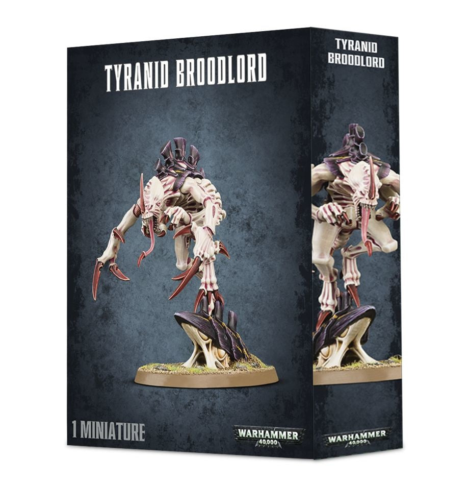 Dark charcoal box for a Tyranid Broodlord miniature, showing the pale, red-accented alien figure with long claws and a purple-black carapace on an oval base. The front and side panels read “TYRANID BROODLORD,” with “1 MINIATURE” and “WARHAMMER 40,000” on the front.