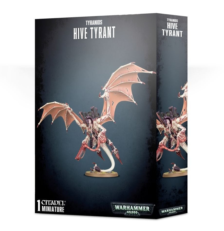 Box for a Tyranids Hive Tyrant miniature, shown from the front and right side. The artwork depicts a pale bone-and-red creature with broad pinkish wings and a curved tail; the front reads “TYRANIDS HIVE TYRANT” and “1 CITADEL MINIATURE.”