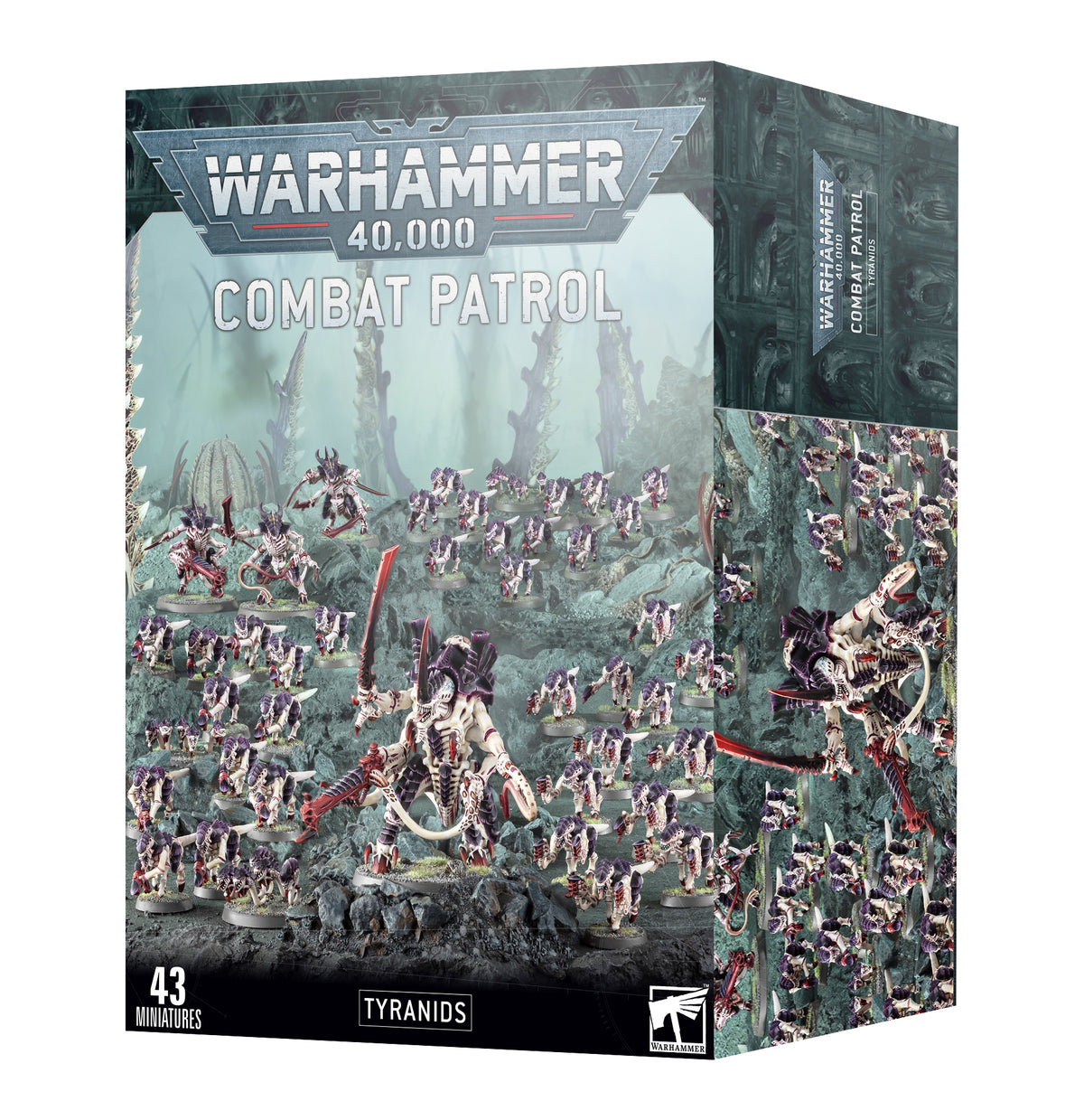 Tyranids: Combat Patrol miniatures box shown from the front and right side, with artwork of a large bone-colored, purple-crested alien creature among many smaller figures on a rocky teal battlefield. The front reads “WARHAMMER 40,000” and “COMBAT PATROL.”