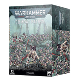 Tyranids: Combat Patrol miniatures box shown from the front and right side, with artwork of a large bone-colored, purple-crested alien creature among many smaller figures on a rocky teal battlefield. The front reads “WARHAMMER 40,000” and “COMBAT PATROL.”