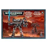 Front of a Grey Knights: Nemesis Dreadknight miniature box, illustrated with a large silver-and-black armored mech holding a blue sword and a smaller mech in the background on a red desert. The box reads “WARHAMMER 40,000” and “CITADEL.”