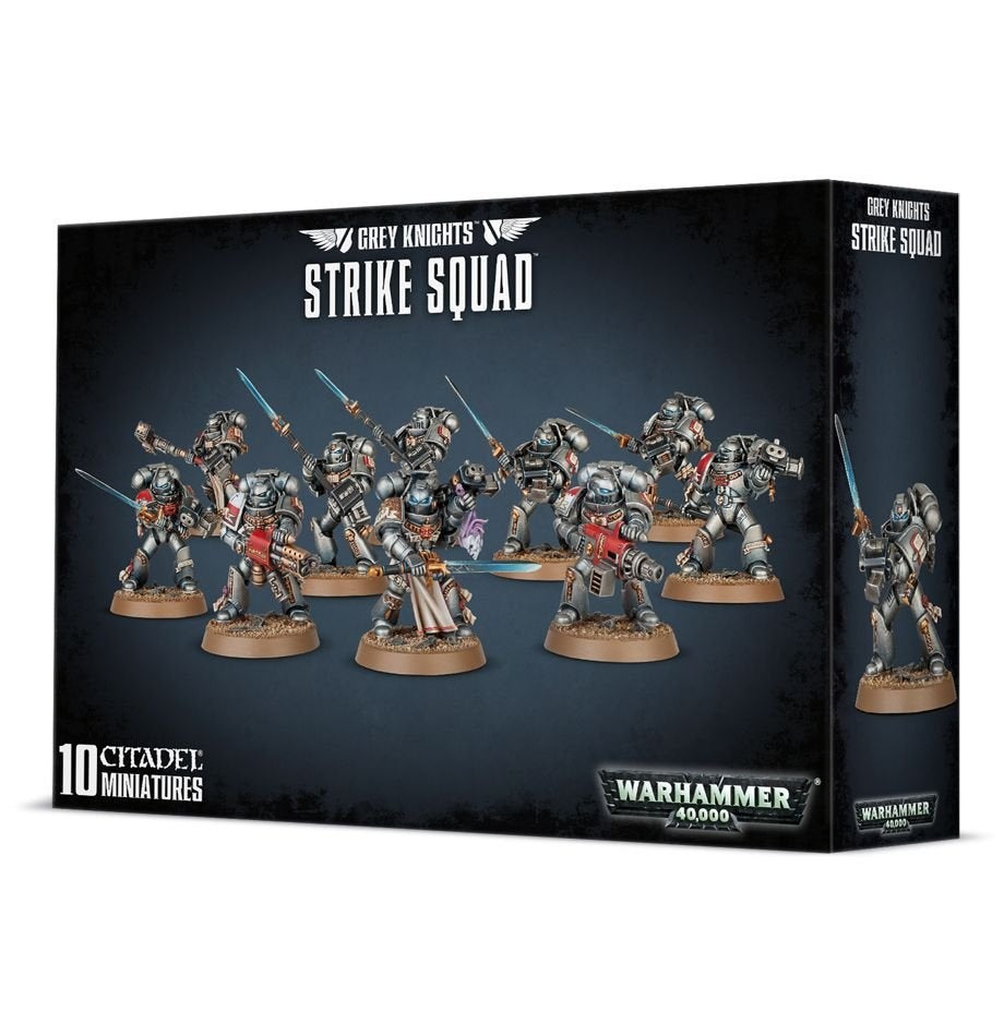 Black box for a Grey Knights Strike Squad miniature set, showing silver-armored soldiers with red details, weapons and round bases across the front and one soldier on the side. The box reads “GREY KNIGHTS STRIKE SQUAD” and “WARHAMMER 40,000”.