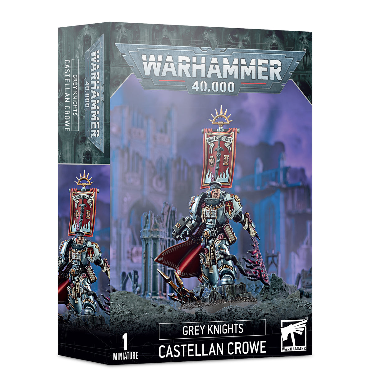 Box of a Grey Knights miniature featuring an armored warrior with a tall red banner, dark silver armor and a red cape against a purple ruined-city scene; the side panel repeats the figure artwork. The box reads “WARHAMMER 40,000,” “GREY KNIGHTS” and “CASTELLAN CROWE.”
