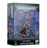 Box of a Grey Knights miniature featuring an armored warrior with a tall red banner, dark silver armor and a red cape against a purple ruined-city scene; the side panel repeats the figure artwork. The box reads “WARHAMMER 40,000,” “GREY KNIGHTS” and “CASTELLAN CROWE.”