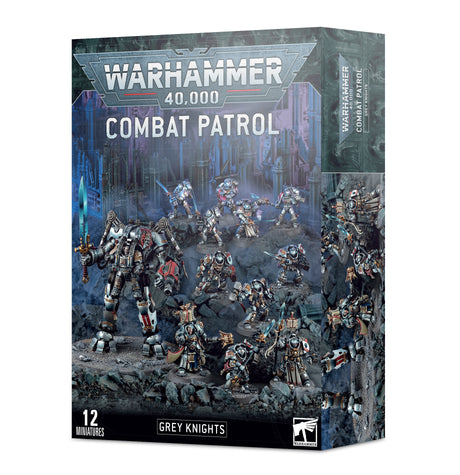 Box of Grey Knights: Combat Patrol miniatures, with artwork of armored warriors in silver, blue and red battling on rocky terrain. The front reads “WARHAMMER 40,000,” “COMBAT PATROL,” “GREY KNIGHTS” and “12 MINIATURES”; the right side shows more warrior artwork and the set name.